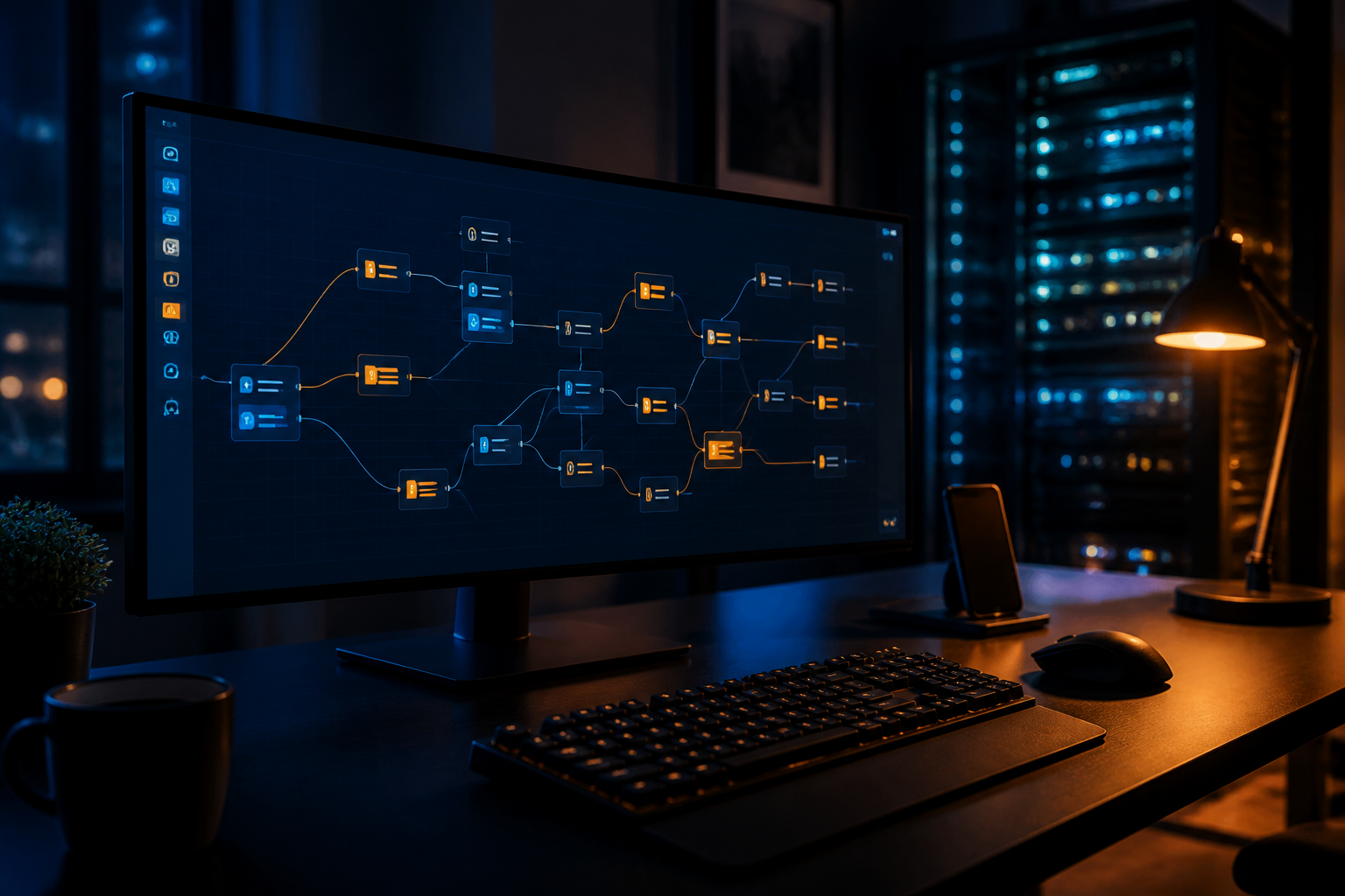 Servidor ejecutando flujos de automatización e integraciones con n8n