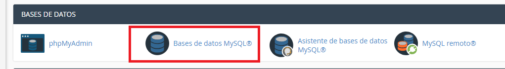 Sección Bases de datos de cPanel con Bases de datos MySQL y phpMyAdmin