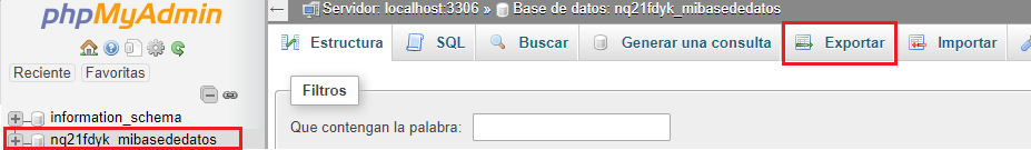 Tablas importadas en la base de datos