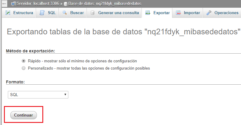 Pestaña Exportar de phpMyAdmin