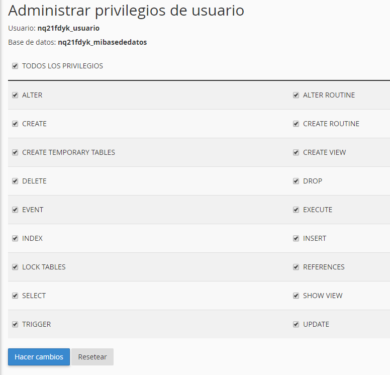 Asignar privilegios al usuario de la base de datos